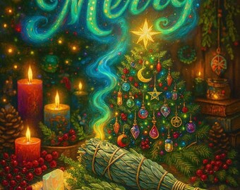 Impressão artística da árvore de Natal com bruxaria: Sálvia luminosa e Natal celestial (download digital)