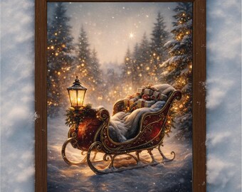 Trenó de Natal Encantado — Impressão de Arte de Parede de Luxo para as Festas | Decoração de Natal de Belas Artes, Ilustração Vintage de Inverno