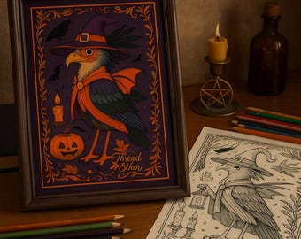 Pacote de Pássaro Secretário Bruxo de Halloween para Imprimir | Página para Colorir + Arte de Parede