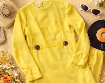 Vintage 60-tals Mod Citrongult tvådelat set | Petite XXS XS Kostym