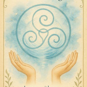 May include: An illustrated card with the text "The Flow Sigil" and the phrases "I move with ease. What is mine finds me." A blue sigil is centered above two open hands. The background is a watercolor wash of blue.