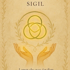 Op de afbeelding: Illustratie van een orakelkaart met een beige achtergrond. De kaart bevat de tekst "THE OPEN GATE SIGIL" en "I open the way for flow to reach me." Een gloeiend geel sigil en handen staan in het midden, omringd door een bladerenrand.
