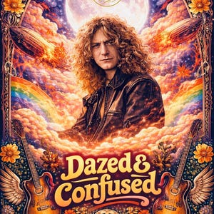 May include: A psychedelic art print featuring a portrait of a man with long curly hair, set against a backdrop of a full moon, rainbow, and clouds. The image includes two guitars, a peace sign, and the words "Dazed & Confused".