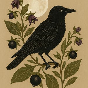 May include: Illustration of a black crow perched on a branch with dark berries and purple flowers. A full moon is in the background. The artwork has a vintage style with the text "Thread & Ether".