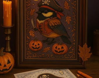 Chapim Pirata de Halloween | Página para Colorir e Imprimir | Pássaro Fantasiado | Download Digital Instantâneo