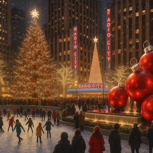 Può includere: Una scena invernale al Rockefeller Center di New York, con un grande albero di Natale, pattinatori e gigantesche decorazioni rosse. Il cartello del Radio City Music Hall è visibile, con neve e luci della città.