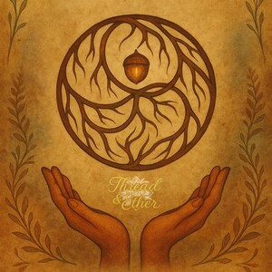 May include: Illustration of "The Root Sigil" with a brown acorn design, framed by branches and hands. The text reads "I am steady. I am rooted. My ground holds me." The artwork has a warm, earthy color palette.