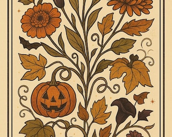 Estampa floral de abóbora de Halloween: arte botânica vintage com temática de bruxa (download digital)