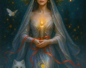 O Oráculo do Inverno | Arte de Parede da Mulher Celestial Etérea | Impressão Mística de Natal