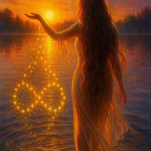 May include: A woman in a flowing gown stands in water, reaching towards a sunset. Golden light emanates from her hand, forming an infinity symbol. The scene evokes a sense of peace and magic, with warm colors dominating the landscape.