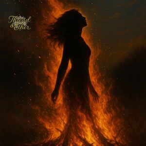 May include: Silhouette of a woman standing in flames, with a full moon in the night sky. The image has a fiery orange and red color scheme, with sparks and embers. The text "Thread & Ether" is in the upper left corner.