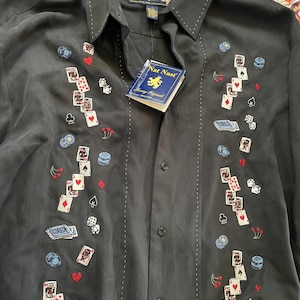 Camisa de póker Nat Nast All In Silk / Vintage de los años 2000, bordada, de casino, nueva con etiquetas, abotonada, talla L