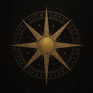 May include: A gold-colored compass rose design on a black background. The compass rose has eight points and is surrounded by a circular border with runes. The center of the compass rose is a solid gold circle.