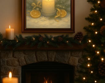 May include: A framed print of a lit candle with a floral design, displayed above a fireplace. The scene includes a lit candle, a Christmas tree, and a garland with pinecones. The overall theme is festive and cozy.