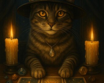 Arte de parede para impressão de gato de tarô místico | Decoração de Halloween com tema de bruxa | Download digital de gato cartomante