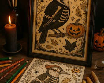 Pacote de Pássaros Esqueleto de Halloween | Desenhos de Pica-Pau Assustadores para Colorir + Arte de Parede para Imprimir
