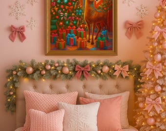 Impressão artística vibrante de rena natalina – Árvore de Natal colorida, bengalas doces, presentes, decoração de parede festiva