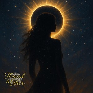 May include: Digital art print featuring a silhouette of a person with long hair, standing before a radiant golden halo and a starry night sky. The artwork includes the text "Thread & Ether" in a stylized script.