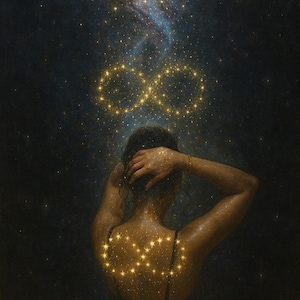May include: An artistic depiction of a person with an infinity symbol formed by stars above their head. The person's back is adorned with a constellation of stars. The image has a dark, celestial theme with a full moon and the text "Thread & Ether".