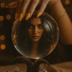 May include: A crystal ball with a woman's face inside, resting on a decorative stand with crescent moon accents. A hand with yellow nails and rings hovers above the ball. The image has a warm, mystical aesthetic, with the text "Thread & Ether".