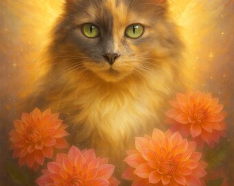 Arte de retrato de gato: flores de dália, homenagem a animais de estimação (download digital)