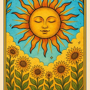 May include: A tarot card depicting a smiling sun with emanating rays, set against a blue backdrop. Below, a field of sunflowers. The card is labelled "THE SUN" and marked with the Roman numeral "XIX". The overall design has a vintage aesthetic.
