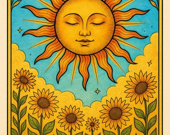 May include: A tarot card illustration featuring a radiant sun with a serene face, surrounded by rays and set against a blue sky. Below, a field of sunflowers blooms. The card is labeled "THE SUN" and marked with the Roman numeral "XIX".