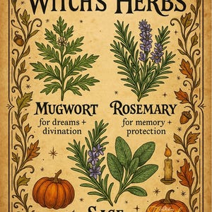May include: A Guide to Witch's Herbs poster. The vintage-style illustration features mugwort, rosemary, and sage, with text describing their uses. Includes pumpkins, a candle, and decorative foliage in shades of green, orange, and brown.