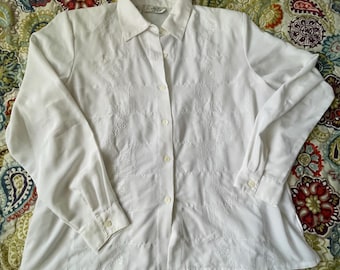 Kathy Che White Embroidered Blouse • 90s Minimalist Textured Patchwork Top