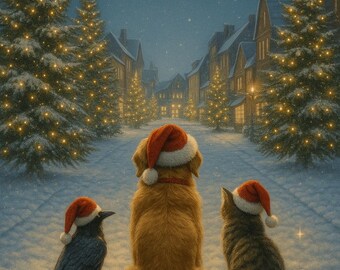 Impressão de Natal com Cachorro, Gato e Corvo • Arte Festiva de Inverno em Vila (Download Digital)