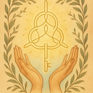 May include: An illustration of a golden key sigil, with the text "THE KEY SIGIL" at the top. The key is held between two hands, framed by a leafy border. The text "I UNLOCK THE WAY. DOORS OPEN BEFORE ME." is at the bottom.