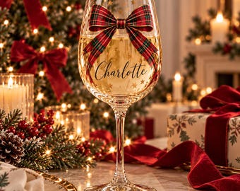 Taça de vinho personalizada com laço xadrez, nome personalizado, presente festivo de Natal