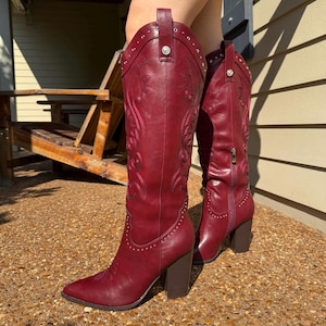 Knee High Western Cowboy Boots – Embroidered & Studded | Pointed Toe | Maroon | Size 7 | Fall Fashion