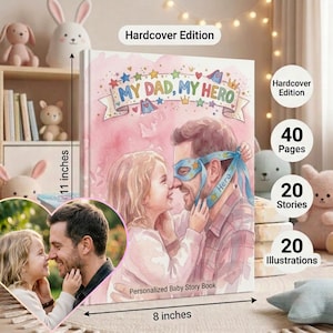 May include: A personalised baby storybook, "MY DAD, MY HERO", with a watercolour illustration of a father and child. The book measures 28 cm high and 20 cm wide, with 40 pages, 20 stories, and 20 illustrations. The cover reads "Hardcover Edition".