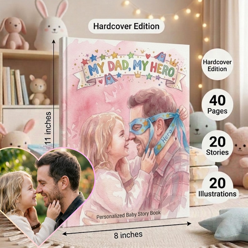 May include: A personalised baby storybook, "MY DAD, MY HERO", with a watercolour illustration of a father and child. The book measures 28 cm high and 20 cm wide, with 40 pages, 20 stories, and 20 illustrations. The cover reads "Hardcover Edition".