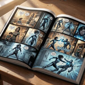 Pu&ograve; includere: Fumetto aperto su una superficie di legno, con vignette sequenziali che raffigurano una donna in tuta futuristica in combattimento. Sono visibili fumetti di testo ed effetti sonori. L'arte ha uno stile dinamico.