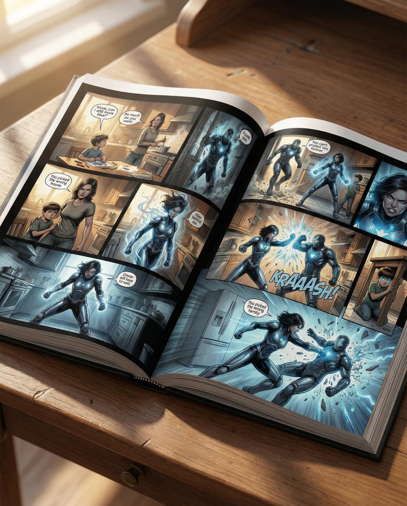 Pu&ograve; includere: Fumetto aperto su una superficie di legno, con vignette sequenziali che raffigurano una donna in tuta futuristica in combattimento. Sono visibili fumetti di testo ed effetti sonori. L'arte ha uno stile dinamico.