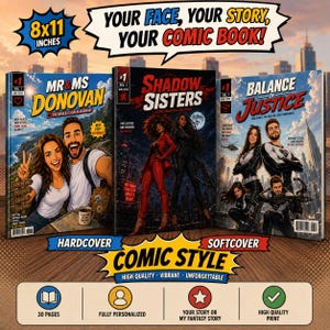May include: Three custom comic books measuring 8x11 inches, featuring personalized covers titled Mr & Ms Donovan, Shadow Sisters, and Balance of Justice. The display includes text labels for hardcover and softcover options, plus icons for 30 pages, personalization, story themes, and high-quality printing.