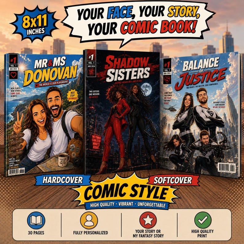 May include: Three custom comic books measuring 8x11 inches, featuring personalized covers titled Mr & Ms Donovan, Shadow Sisters, and Balance of Justice. The display includes text labels for hardcover and softcover options, plus icons for 30 pages, personalization, story themes, and high-quality printing.