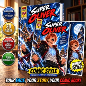 May include: A personalised comic book titled Super Oliver featuring a red-haired character in a winter setting with lightning effects. The cover includes the text A small boy. A bigger destiny. and Comic Style. Circular badges list features like Hardcover or Softcover, 30 Pages, Your Story or My Fantasy Story, and Fully Personalised.