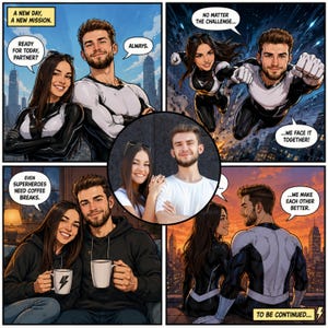 May include: A multi-panel comic strip featuring a couple in superhero costumes with black and white suits, flying over a city, drinking coffee, and a central circular photo of the same couple in casual clothing with text bubbles throughout.