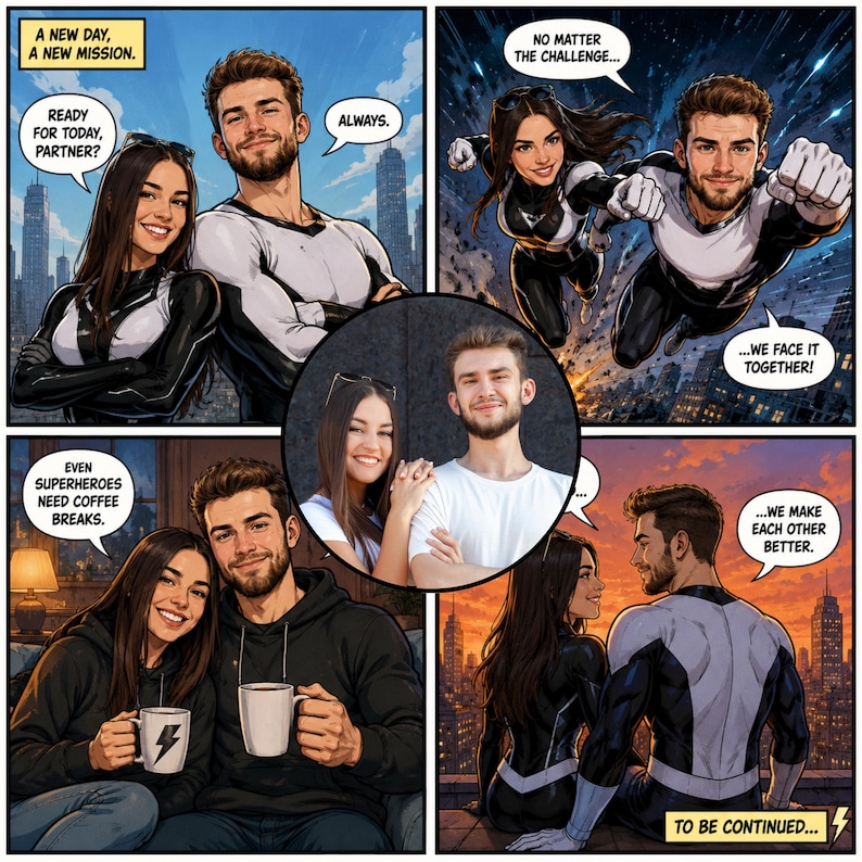 May include: A multi-panel comic strip featuring a couple in superhero costumes with black and white suits, flying over a city, drinking coffee, and a central circular photo of the same couple in casual clothing with text bubbles throughout.