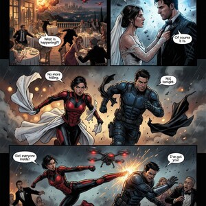 Pu&ograve; includere: Pannello di fumetto che raffigura una scena drammatica. Una sposa e uno sposo sono a un matrimonio, mentre una donna in tuta rossa e nera combatte. Le nuvolette includono frasi come "Sta iniziando" e "Fate entrare tutti!"