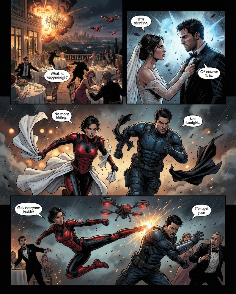Pu&ograve; includere: Pannello di fumetto che raffigura una scena drammatica. Una sposa e uno sposo sono a un matrimonio, mentre una donna in tuta rossa e nera combatte. Le nuvolette includono frasi come "Sta iniziando" e "Fate entrare tutti!"
