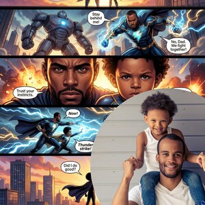 Pu&ograve; includere: Un fumetto mostra un supereroe con un bambino, fulmini e il testo "Fidati del tuo istinto." e "Ora!". Un padre porta un bambino sulle spalle. I fumetti dicono "Stai dietro di me!" e "No, pap&agrave;. Combattiamo insieme!"