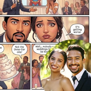 Pu&ograve; includere: Un fumetto raffigura una scena di matrimonio con una sposa e uno sposo che reagiscono agli eventi. I fumetti dicono "It's getting worse" e "Not the three-tier one!" Una foto di una coppia sorridente &egrave; nell'angolo. Il fumetto &egrave; a colori.