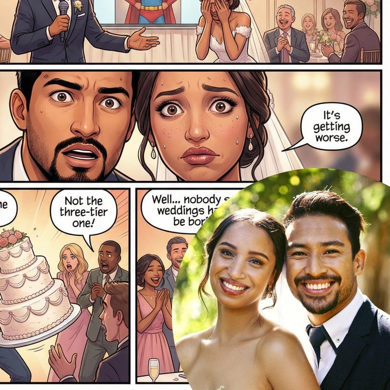 Pu&ograve; includere: Un fumetto raffigura una scena di matrimonio con una sposa e uno sposo che reagiscono agli eventi. I fumetti dicono "It's getting worse" e "Not the three-tier one!" Una foto di una coppia sorridente &egrave; nell'angolo. Il fumetto &egrave; a colori.