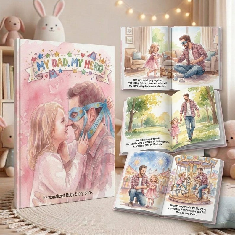 May include: A personalised baby story book titled "My Dad, My Hero" with illustrations of a father and daughter. The cover features the text "My Dad, My Hero" and the words "Personalized Baby Story Book". The book's pages show scenes of the father and daughter.