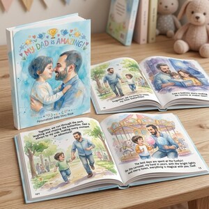 May include: A personalised baby storybook titled "My Dad is Amazing!" features watercolour illustrations of a father and child. The book is open to various pages depicting scenes of the pair enjoying activities together, such as reading and playing.