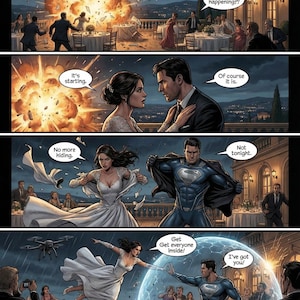 Pu&ograve; includere: Pannello di fumetto che raffigura una scena drammatica con una festa di matrimonio interrotta da un'esplosione. Sono presenti una donna in abito da sposa e un uomo in costume di Superman. Le nuvolette di testo includono frasi come "Cosa sta succedendo?!" e "Ti ho!"
